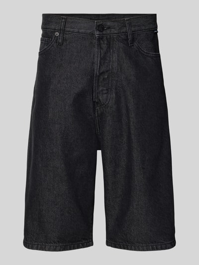 Produktfoto, Loose Fit Jeansshorts aus Baumwoll-Mix Modell 'BAGGY' von Armedangels in schwarzer Denim-Optik mit Label-Patch, 5-Pocket-Design, verdeckter Knopfverschluss.