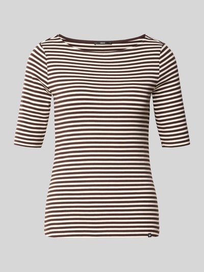 Produktfoto, Slim Fit T-Shirt aus Baumwoll-Mix von zero mit braun-weißen Streifen, U-Boot-Ausschnitt, 1/2-Arm, elastischer Stoff, Rückenlänge 58 cm bei Größe 36.