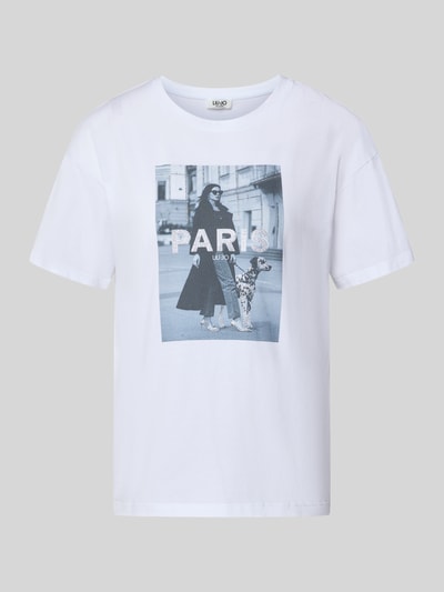 Produktfoto, weißes T-Shirt mit Motiv-Print und Strasssteinbesatz von Liu Jo White, Motiv in Grautönen, reine Baumwolle, Boxy Fit, Rundhalsausschnitt, Damen T-Shirt, Rückseite schlicht, Rückenlänge bei Größe S 60 cm