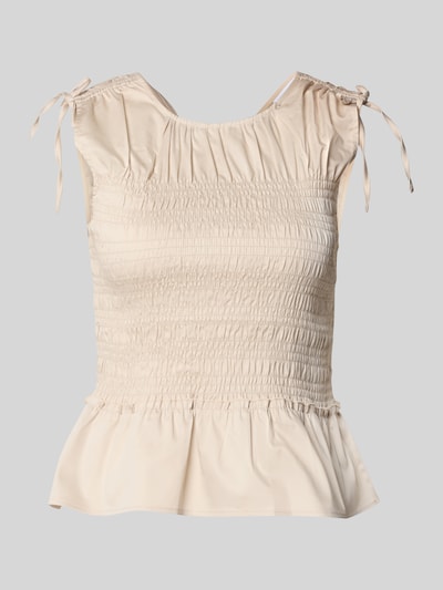 Produktfoto, Blusentop mit Smok-Details von Comma, Damen, cremefarbener Baumwoll-Mix mit Stretch-Anteil, Regular-Fit, Rundhalsausschnitt, strukturierte Oberfläche, Rückenlänge bei Größe 36: 45 cm