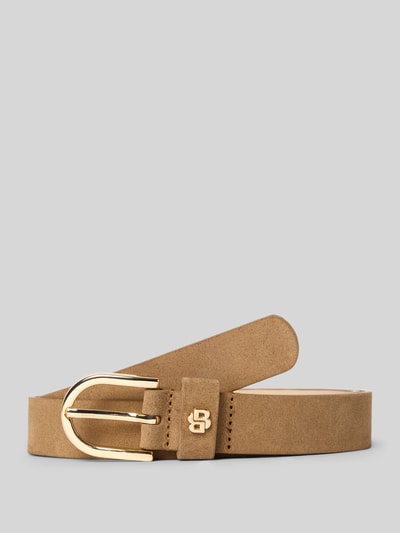 Produktfoto, Gürtel aus echtem Leder Modell 'Scarlet' von BOSS für Damen, in Beige mit goldfarbener Schnalle, samtige Textur auf hellem Hintergrund.