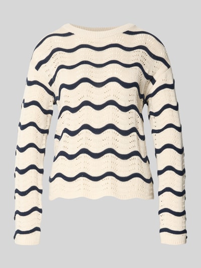 Produktfoto, Regular Fit Pullover in Strick-Optik Modell 'Wave' von Vila, cremefarben mit navyblauen Wellen, Lochmuster, taillierte Passform, reine Baumwolle