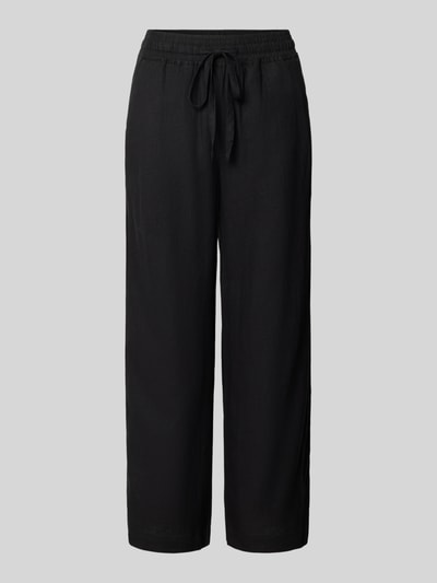 Produktfoto, Wide Fit Stoffhose aus Leinen-Mix mit Viskose-Anteil Modell 'Ina' von Soyaconcept, schwarze Farbe, elastischer Bund mit Tunnelzug, Damen Schlupfhosen-Design, verkürzte Passform, sichtbare Textur, weite Beine, für die Damenmode