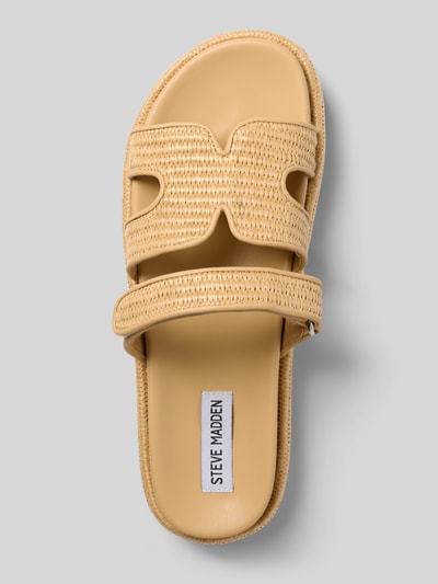 Produktfoto, Sandalette mit Plateausohle Modell 'Bigmissile' von Steve Madden in hellem Beige, Riemen mit Klettverschluss, Abgerundete-Spitze, Absatzhöhe 5 cm bei Größe 40, strukturiertes Material, Damen