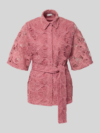 Produktfoto, Bluse aus Spitze mit Bindegürtel von Jake*s Collection in Rosa mit floraler Struktur, taillierter Schnitt, Kentkragen, Knopfleiste