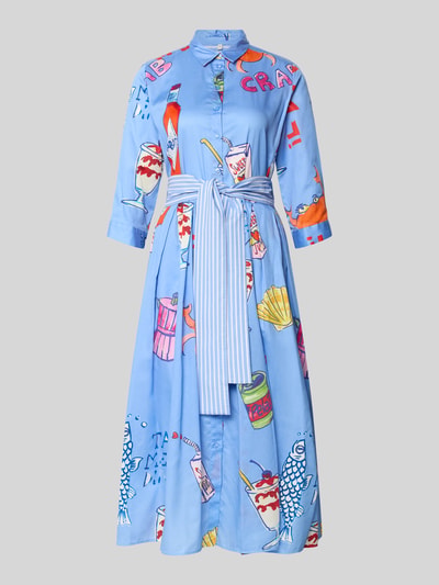Produktfoto, Hemdblusenkleid mit Bindegürtel von Milano Italy aus reiner Baumwolle, taillierter Schnitt, allover bunte Drucke, Midilänge