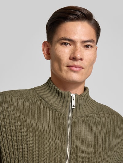 HUGO Regular fit gebreid jack van geribd katoen, model 'SRITON' Olijfgroen - 3