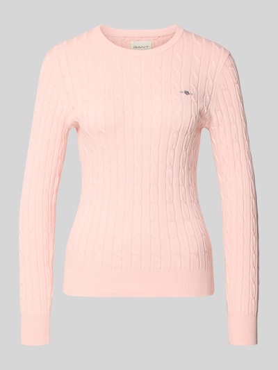 Produktfoto, różowy Strickpullover mit Zopfmuster und Label-Stitching von Gant, dopasowany krój, okrągły dekolt, mieszanka bawełny ze streczem