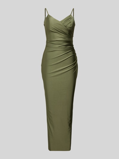 Produktfoto, Cocktailkleid mit Spaghettiträgern und V-Ausschnitt von TROYDEN COLLECTION in Olivgrün, Satin, Körpernaher-Schnitt, Midikleid, Rückseitiger V-Ausschnitt, Rückenreißverschluss, Rückenlänge 125 cm, Brustweite 37 cm