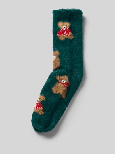 Produktfoto, Socken aus elastischem Material-Mix Modell 'Bär' von CAPELLI NEW YORK in Dunkelgrün mit weicher Oberfläche und Bärenmotiv, Damen Socken von CAPELLI NEW YORK, Elastischer Material-Mix, Motiv-Stitching, Modell 'Bär'.