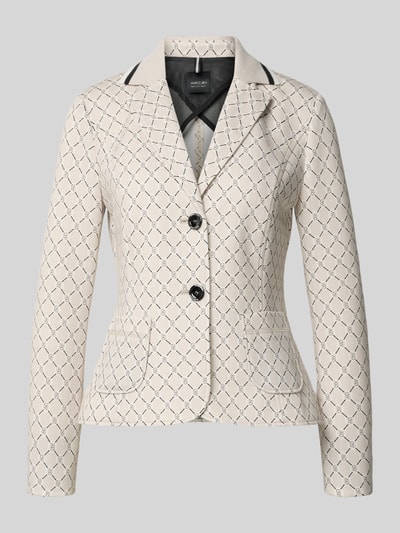 Produktfoto, Slim Fit Blazer mit aufgesetzten Taschen und Knopfverschluss von Marc Cain, mieszanka materiałów z dodatkiem streczu, krój slim fit, wzór na całej powierzchni, kołnierz z połami, nakładane kieszenie, zapięcie na guzik, długość tyłu w rozmiarze 36: 58 cm, szerokość w rozmiarze 36: 49 cm, długość rękawów w rozmiarze 36: 60 cm