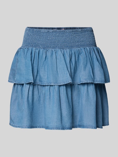 Produktfoto, Mini-Jeansrock Modell 'CHARIS LIFE' von Only in hellblauer Denim-Optik, ausgestellt, Mini-Länge, Bundabschluss elastisch gesmokt, Material Lyocell