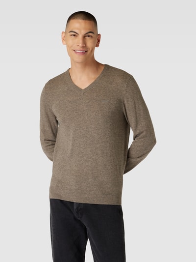 Gant Gebreide pullover van lamswolmix met V-hals Lichtbruin gemêleerd - 4