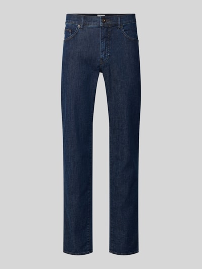 Produktfoto, Sraight Fit Jeans mit Eingrifftaschen Modell 'Cadiz' von Brax in dunklem Blau, Used-Look, Baumwoll-Elasthan-Mix.
