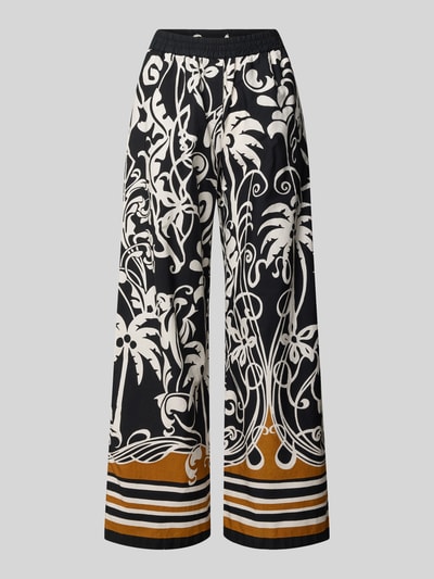 Produktfoto, Wide Fit Stoffhose mit floralem Allover-Print von Emily Van den Bergh aus reiner Baumwolle, schwarze Grundfarbe mit weißem und braunem Muster, elastischer Bund, florale und grafische Elemente, leichte Textur, Damenmode