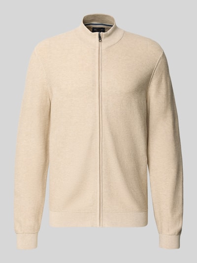 Produktfoto, Regular Fit Cardigan mit Stehkragen von OLYMP Level Five, beżowy, krój regular fit, czysta bawełna, dzianinowa faktura, zamek błyskawiczny, elastyczne wykończenia, długość tyłu w rozmiarze M 68 cm, długość rękawa w rozmiarze M 67 cm