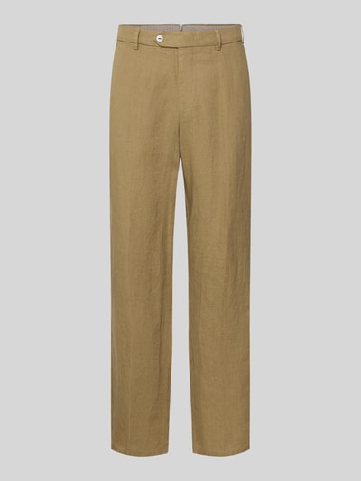 Produktfoto, gerade geschnittene, beige Straight Fit Leinenhose aus reinem Leinen Modell 'Lynx' von Mmx, sichtbare Gesäßtaschen und Verschluss