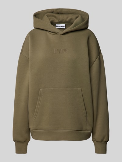 Review Hoodie mit Label-Stitching und Känguru-Tasche Oliv 2