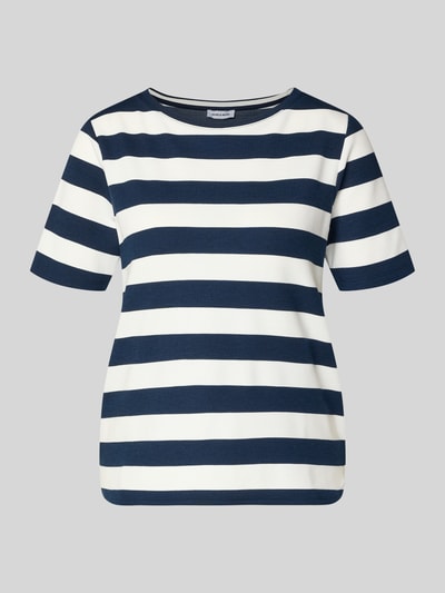 Productfoto, T-Shirt met viscose-gehalte en ronde hals van More & More, materiaal-mix, rechte fit, ruglengte maat 36: 57 cm, donkerblauwe en witte strepen, gladde textuur