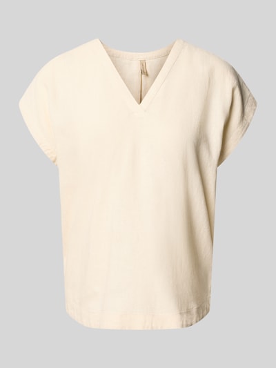 Produktfoto, Blusenshirt aus Leinen-Viskose-Mix Modell 'INA' von Soyaconcept, prosty krój, dekolt w serek, krótkie rękawy, kremowy kolor, gładka struktura, damski, długość tyłu w rozmiarze S: 61 cm, długość rękawów w rozmiarze S: 20 cm
