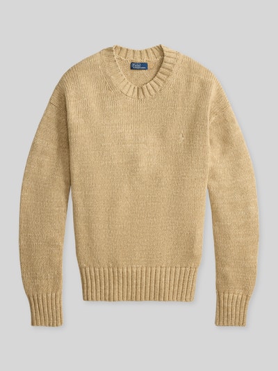 Produktfoto, Regular Fit Strickpullover aus reiner Baumwolle von Polo Ralph Lauren in Beige, gerippte Abschlüsse, Crew Neck, unifarbene Strickoptik