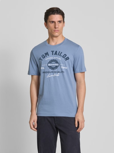 Tom Tailor T-shirt o kroju regular fit z czystej bawełny z nadrukiem z logo Szaroniebieski 4