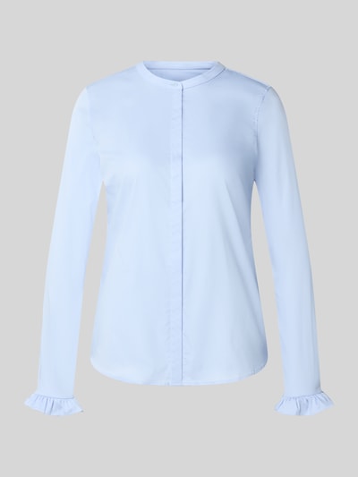 Produktfoto, hellblaue Bluse mit Mao-Kragen und Rüschenärmeln Modell 'Mattie' von MOS MOSH, Baumwoll-Mix mit Stretch-Anteil, gerade Form