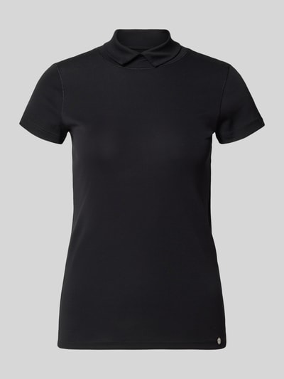 Produktfoto, Slim Fit T-Shirt mit hochschließendem Polokragen von Marc Cain aus Baumwoll-Elasthan-Mix, Damen T-Shirt, Farbe Schwarz.