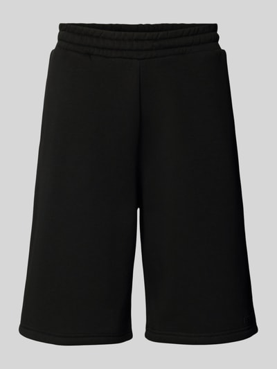 Produktfoto, Sweatshorts mit Logo-Print von REVIEW aus Material-Mix mit Baumwoll-Anteil, Loose-Fit, elastischer Bund, schwarze Farbe, glatte Textur, Bundweite 45 cm, Innenbeinlänge 28 cm, Größe M.