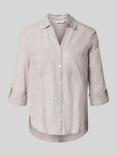 Produktfoto, Regular Fit Hemdbluse aus reiner Baumwolle van Tom Tailor, beige popeline, borstzakken, hemdkraag, lange mouwen, eenkleurig, V-hals, knoopsluiting, afgewerkte zoom met splitten