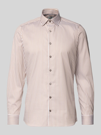 Produktfoto, Slim Fit Businesshemd aus Baumwoll-Mix mit Haifischkragen von OLYMP Level Five, gestreiftes Muster, durchgängige Knopfleiste, Langärmelig, Sportmanschetten, elastischer Baumwoll-Mix, Rückenlänge 80 cm, Schulterbreite 43 cm, Ärmellänge 67 cm, Beige und Weiß, glatte Textur
