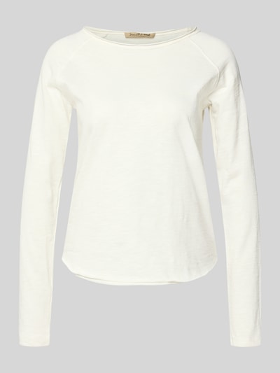 Produktfoto, Longsleeve mit Rundhalsausschnitt und Rollsaum von Smith and Soul, czysta bawełna, krój regular fit, kolor biały, wykończenie raw, długość pleców w rozmiarze S: 56 cm