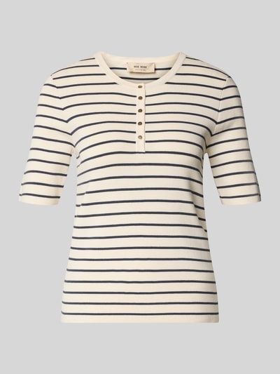Produktfoto, gebreid shirt van viscosemix model 'Aliz Caliz' van MOS MOSH in crème met zwarte strepen, nauwsluitend, ronde hals, 1/2-mouwen, korte knoopsluiting, ruglengte maat S 58 cm, mouwlengte maat S 27 cm