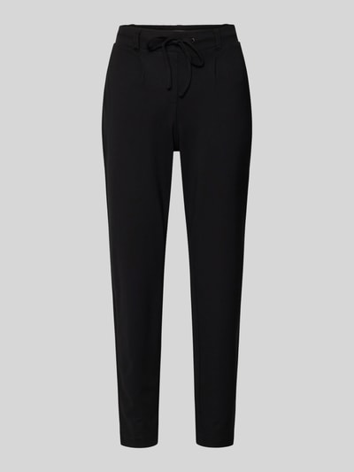 Produktfoto, Easy Pants mit Bundfalten von TOM TAILOR, czarne spodnie z mieszanki wiskozy z dodatkiem streczu, wąskie nogawki, tunel w pasie, zakładki, elastyczna wstawka w pasie, francuskie kieszenie, ozdobna wypustka z tyłu, długość wewnętrzna nogawki 71 cm, szerokość w pasie 72 cm, rozmiar 36/32.