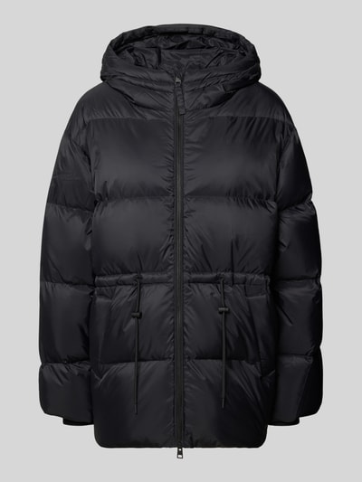 Produktfoto, Jacke mit Kapuze und Zweiwege-Reißverschlus von Closed in Schwarz, gerader Schnitt, Kordelzug an Taille, gestrickte Ärmelabschlüsse, seitliche Eingrifftaschen, glatte, leicht glänzende Oberfläche, für Damen