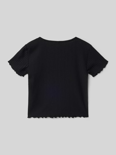 Productfoto, Regular Fit T-shirt met viscose-aandeel model 'KONELLA' van Only, effen zwart, stretch geweven materiaal, frill mouw- en zoomafwerking