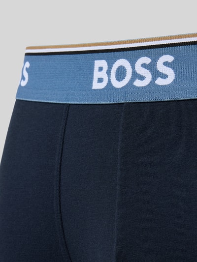 Produktfoto, marineblaue Baumwoll-Pants mit hellblauem Bund und weißem BOSS-Schriftzug, Pant & Trunk aus Baumwoll-Mix im 3er-Pack Modell 'BOXERBRLONG 3P POWER' von BOSS, Herren Pant & Trunk