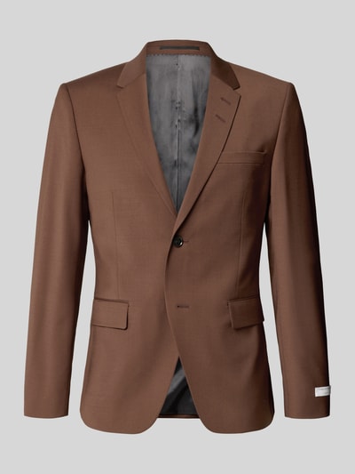 Produktfoto, braunes Sakko mit Woll-Anteil im Material-Mix, Regular-Fit, Reverskragen, Knopfverschluss, Brustleistentasche, Pattentaschen, Label-Patch, Modell 'Jamie' von Tiger Of Sweden, Rückenlänge 71 cm, Schulterbreite 41 cm, Ärmellänge 65 cm, glatte Struktur