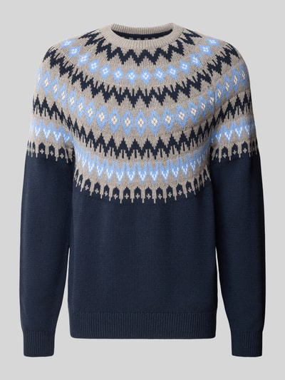 Produktfoto, Strickpullover mit Norweger-Muster und Rundhalsausschnitt von MCNEAL, Baumwoll-Mix, Regular Fit, Blau und Beige, Norweger-Muster, Rückenlänge 67 cm, Ärmellänge 73 cm