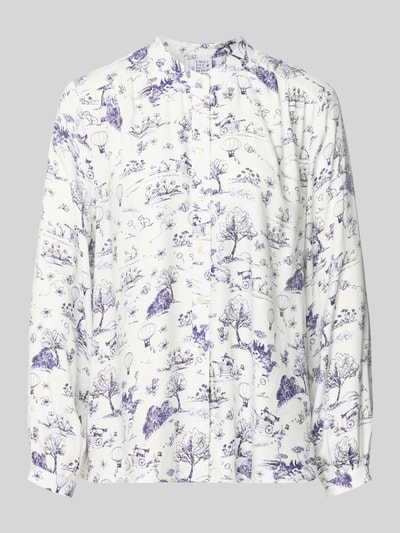 Produktfoto, Regular Fit Bluse aus reiner Viskose von Emily Van den Bergh, weiß mit blauem Allover-Motiv-Print, Rundhalsausschnitt, Langarm, durchgehende Knopfleiste, feine glatte Textur