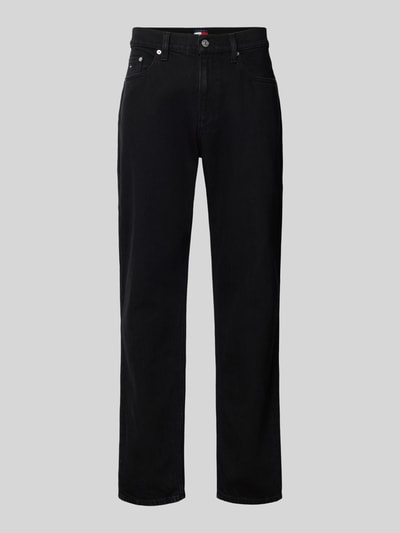 Produktfoto, schwarze Straight Fit Jeans aus Baumwoll-Mix Modell 'RYAN' von Tommy Jeans, Denim-Optik, Nieten, 5-Pocket-Design, Regular-Fit