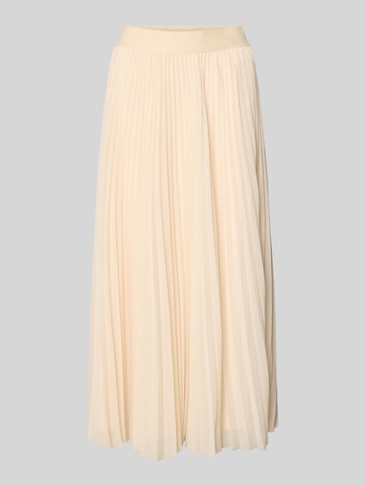 Produktfoto, Plisseerock mit elastischem Bund von V by Vera Mont aus Chiffon in A-Linie, Midirock, helle Beige-Töne, strukturierte Plisseé-Falten, Bundweite Größe 36: 38 cm, Gesamtlänge Größe 36: 89 cm.