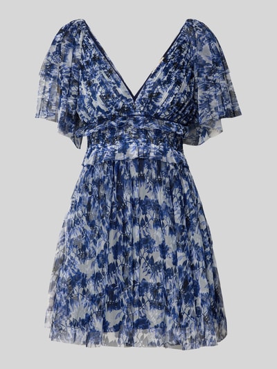 Produktfoto, Cocktailkleid aus Mesh mit V-Ausschnitt von LACE & BEADS in Blau mit Allover-Muster, taillierter Schnitt, Minikleid, strukturierte Oberfläche