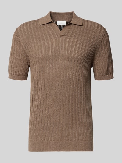 Produktfoto, Slim Fit Poloshirt aus Baumwoll-Leinen-Mix von Profuomo in Braun, feine Struktur, Kurzarm, V-Ausschnitt, Herrenmode