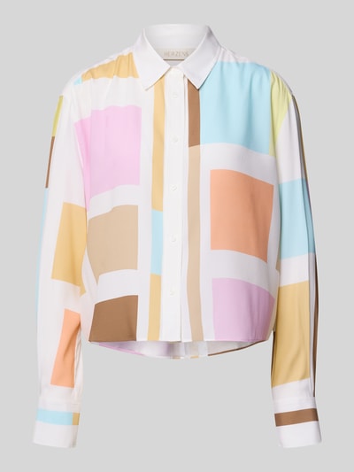 Produktfoto, Boxy Fit Bluse im Allover-Look von HERZENS, pastelowe kolory, prostokątne wzory, materiał z domieszką stretchu, kołnierzyk koszulowy, zapięcie na guziki, długość tyłu 59 cm, długość rękawa 61 cm, damska bluzka
