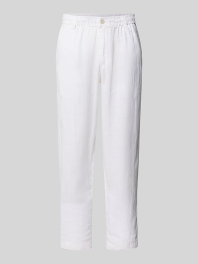 Produktfoto, weiße Leinenhose mit Eingrifftaschen Modell 'KARL LAWRENCE' von Jack & Jones Premium, Straight Fit, elastischer Bund, Knopf- und Reißverschluss, reine Leinen, französische Eingrifftaschen, Gesäßleistentaschen, Bundweite 42 cm, Innenbeinlänge 75 cm, glatte Textur