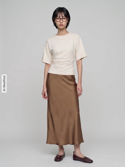 Frauenmodel trägt Leicht ausgestellter Maxi-Rock mit elastischem Bund von Jake*s Collection in Braun, glatte Textur, Ganzkörperansicht von vorne, KI-modifiziertes Bild.
