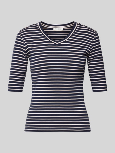 Produktfoto, Longsleeve mit 3/4-Arm und V-Ausschnitt von Christian Berg Woman mit dunkelblauen und weißen Streifen, Baumwoll-Mix mit Stretch-Anteil, Straight Fit, Rückenlänge bei Größe S 54 cm