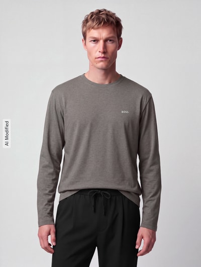 BOSS Green Regular fit shirt met lange mouwen van katoenmix model 'Tee Long' Middenbruin - 4
