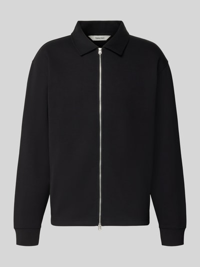 Produktfoto, schwarze Regular Sweatjacke aus Baumwoll-Mix Modell 'TOM' von Selected Homme, glatte Struktur, silberner Reißverschluss